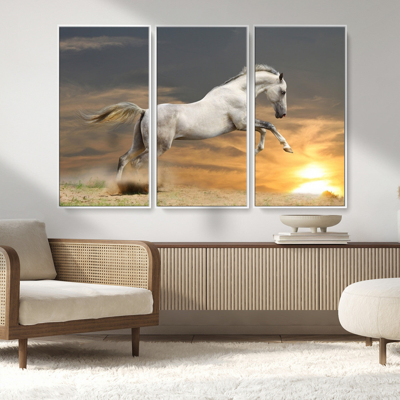 MGV-FC-48X32-3P - Large Wall Art Animal Canvas Print - White Jumping Horse at Sunset
