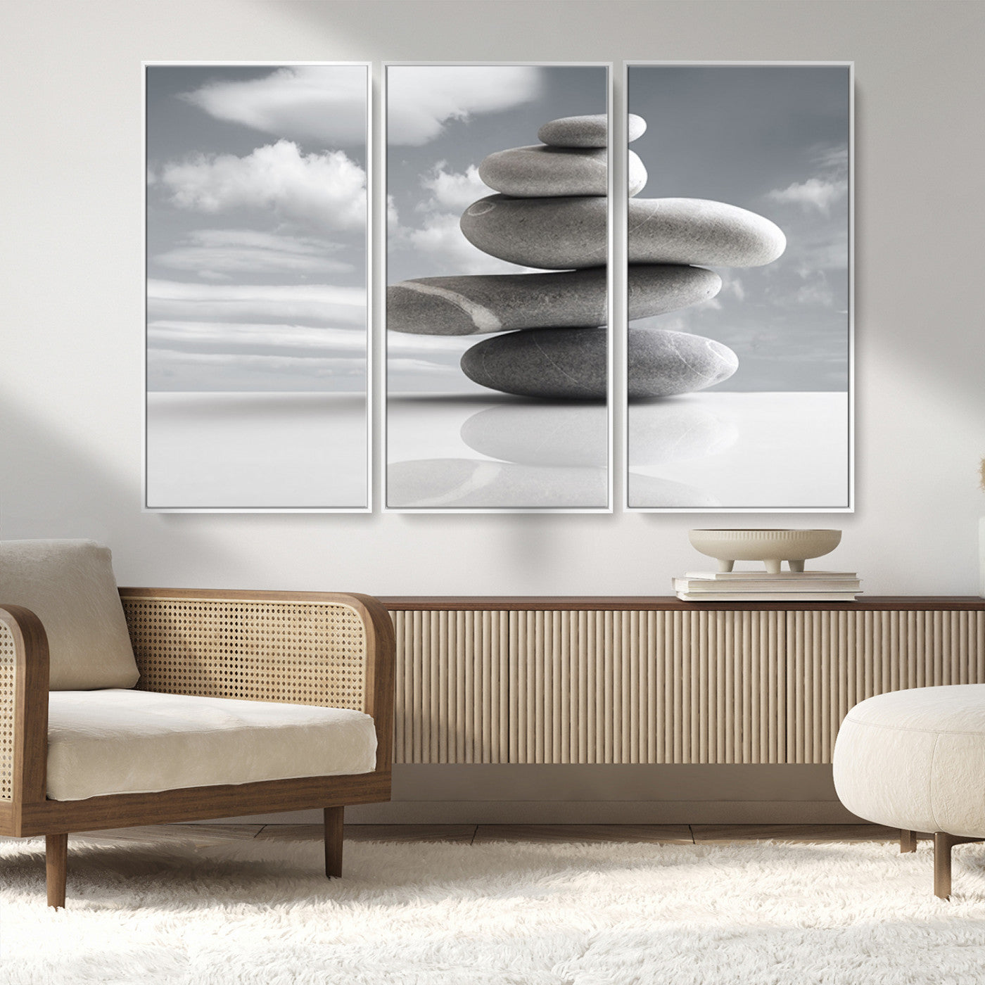 MGV-FC-48X32-3P - Still Life Black and White Zen Stones Wall Art Canvas, Framed Black and White Zen Stones Canvas