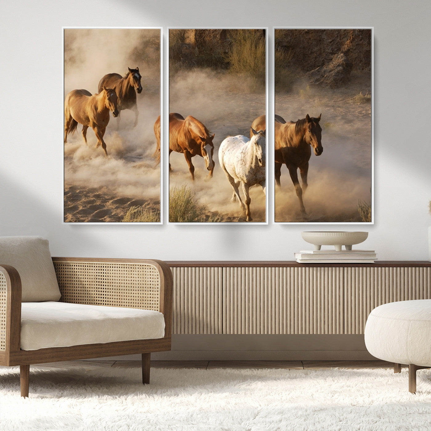 MGV-FC-48X32-3P - Large Wall Art 5 Horses Running on Sand Canvas Print
