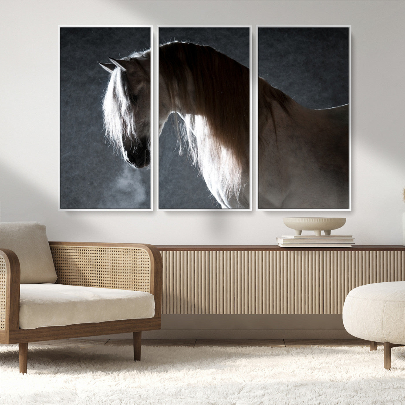 MGV-FC-48X32-3P - Large Wall Art Cream Colored Horse on Grey Background Canvas Print