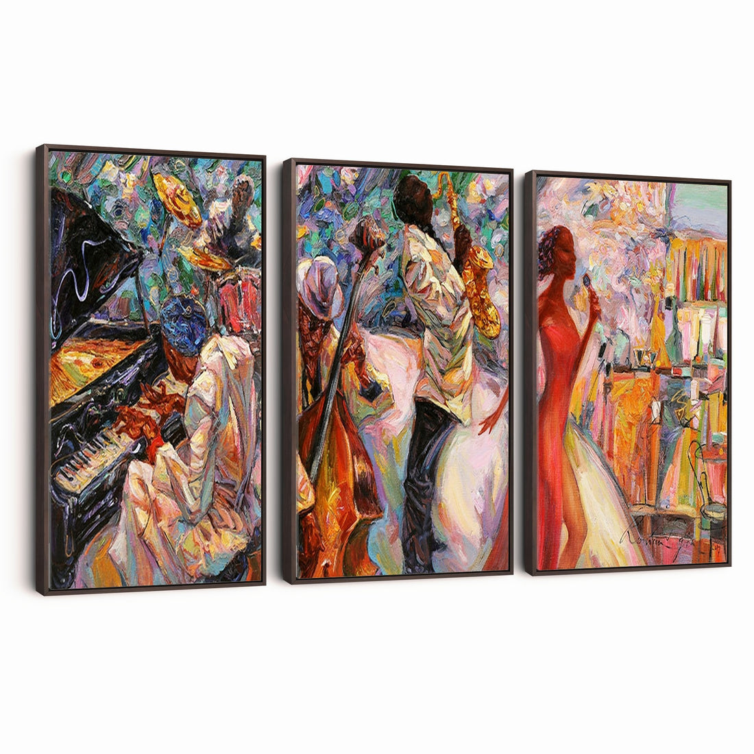 Afro American Jazz Band Canvas Wall Art | 3 Panel Music Studio Decor