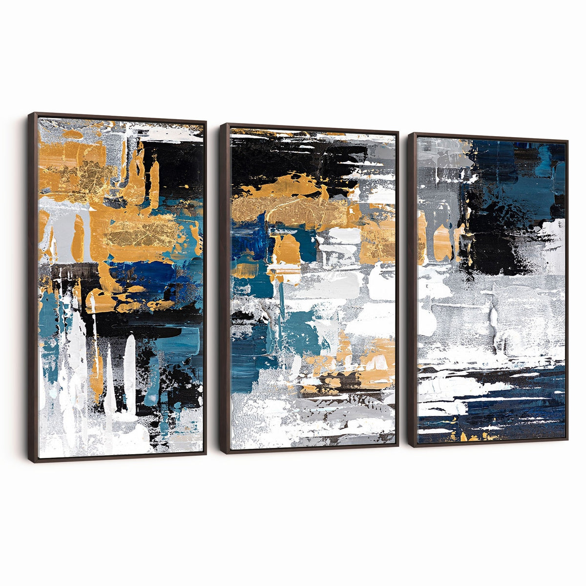 57708-_Poster-30x20 - Blue and Gold Abstract Canvas Wall Art | Triptych Modern Art Print