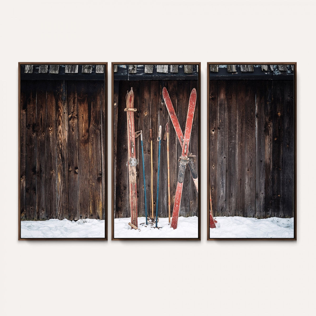 78590-MGV-CV-36X24 - Vintage Ski Gear Canvas Print, Vintage Ski Gear Against Wooden Cabin Wall