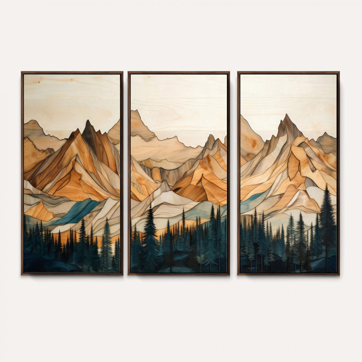 31576-PAN-FL-20X10 - Rustic Wood Mountain Wall Art Print | Triptych Giclee Print Featuring Handcrafted Forest and