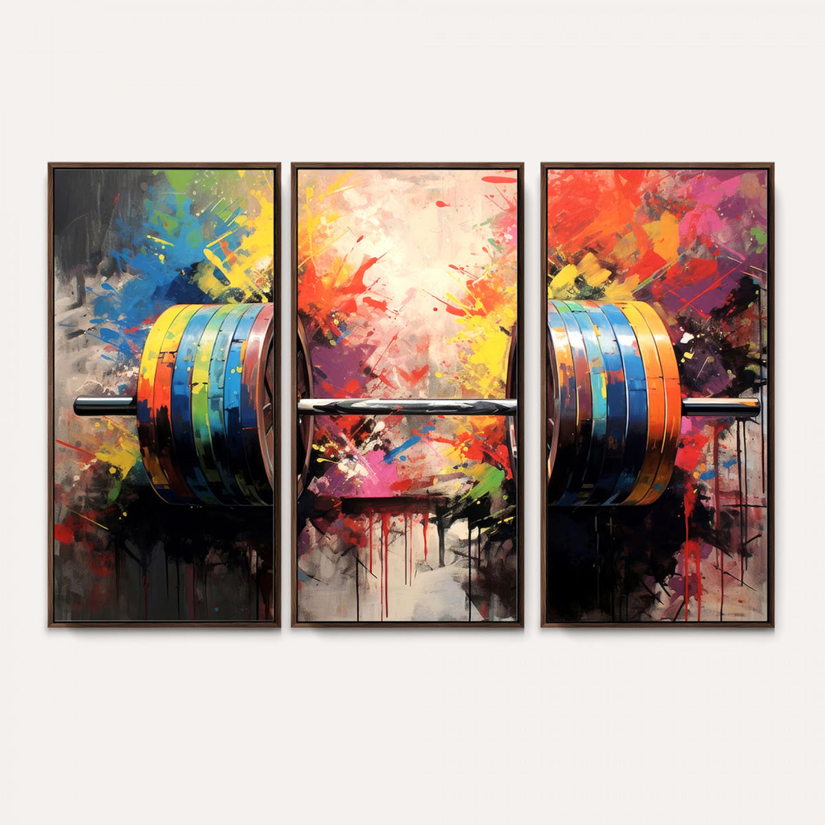 80436-MGV-CV-36X24 - Weightlifting Barbell Art Triptych, Bold Abstract Fitness Wall Decor for Gym or Home