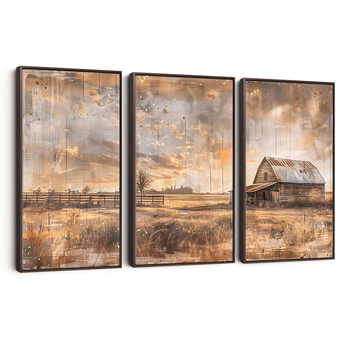 FARM2-MGV-CV-24X16 - Rustic Farmhouse Wall Art Canvas Print | Barn and Field Vintage Country Landscape