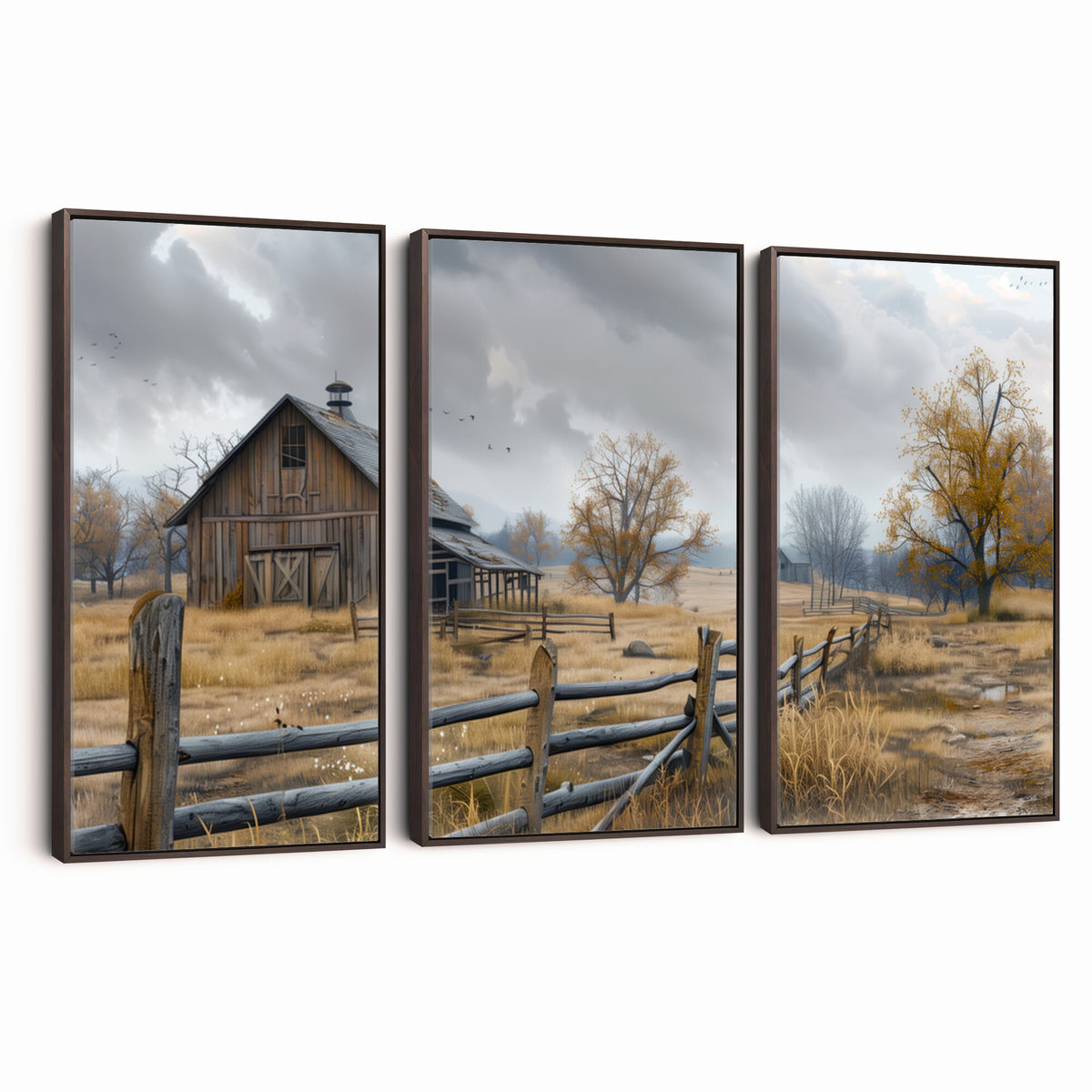 Farm1-MGV-CV-36X24 - Rustic Autumn Farmhouse Wall Art Canvas Print | Serene Countryside with Weathered Barn