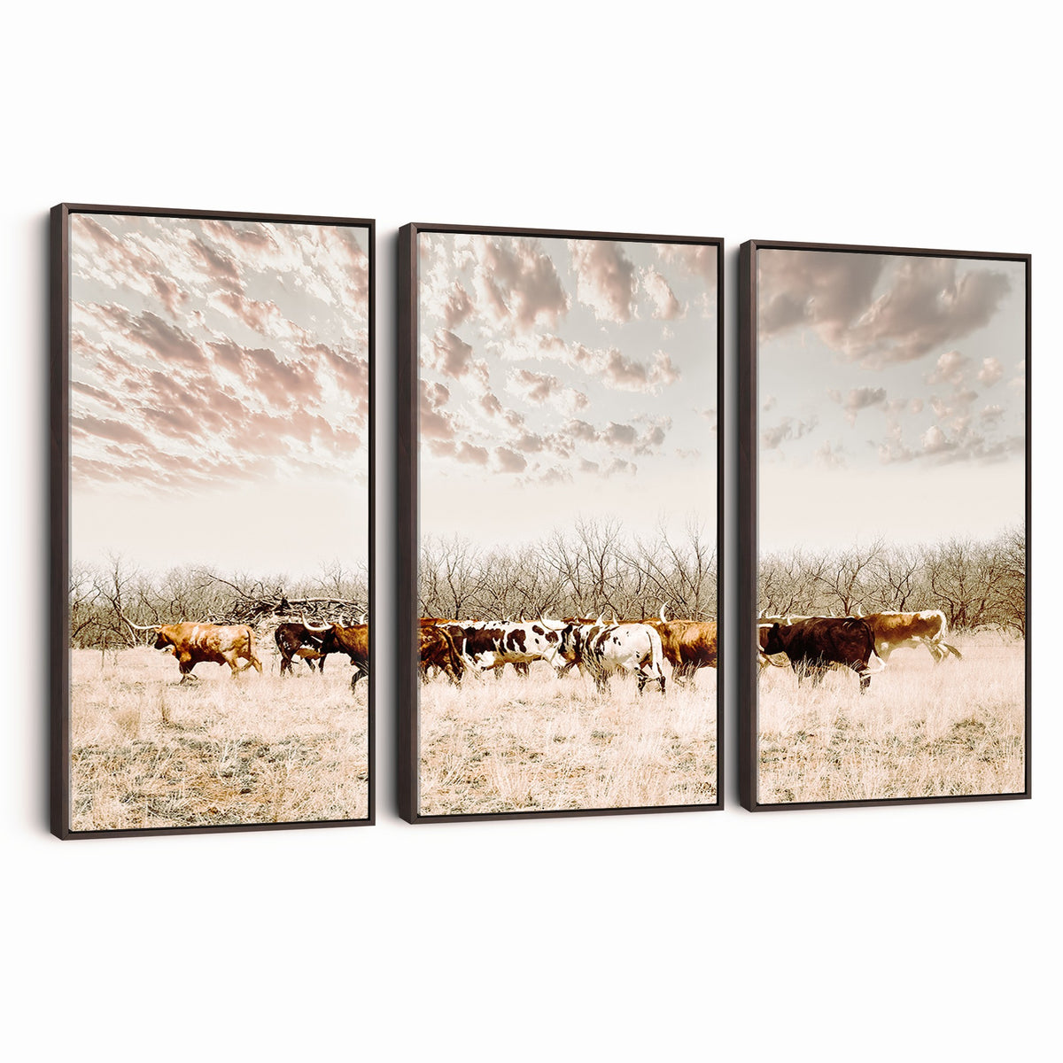 64892775-MGV-CV-24X16 - Longhorn Cattle Wall Art Canvas Print, Framed Texas Ranch Art, Western Cow Print, Prairie Landscape Decor