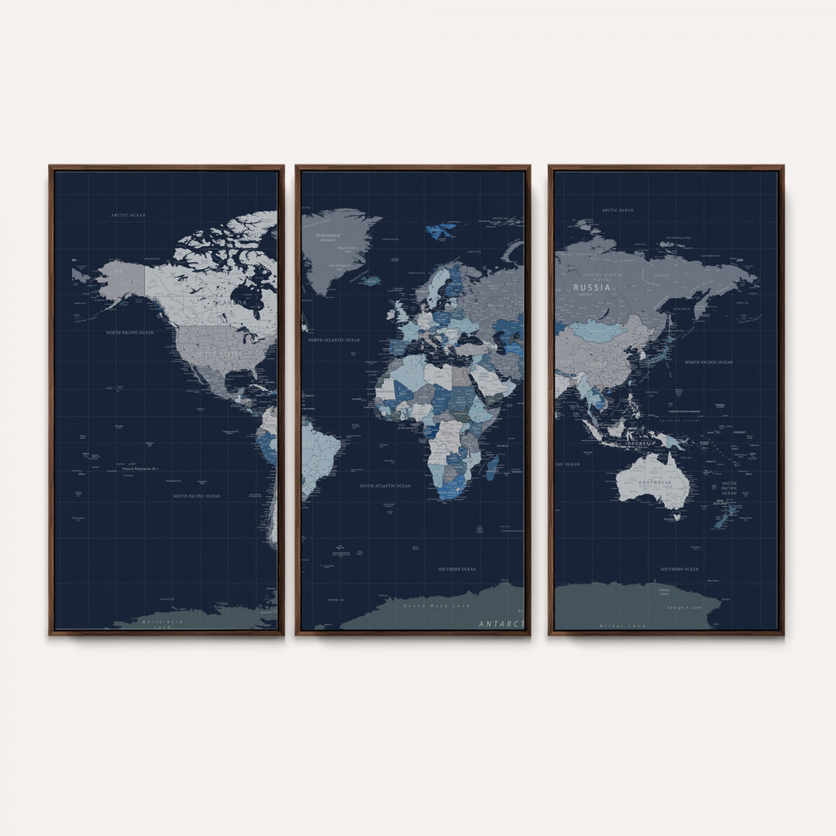 17712680-MGV-CV-36X24 - Blue Detailed World Map Wall Art Canvas Print, Modern Framed