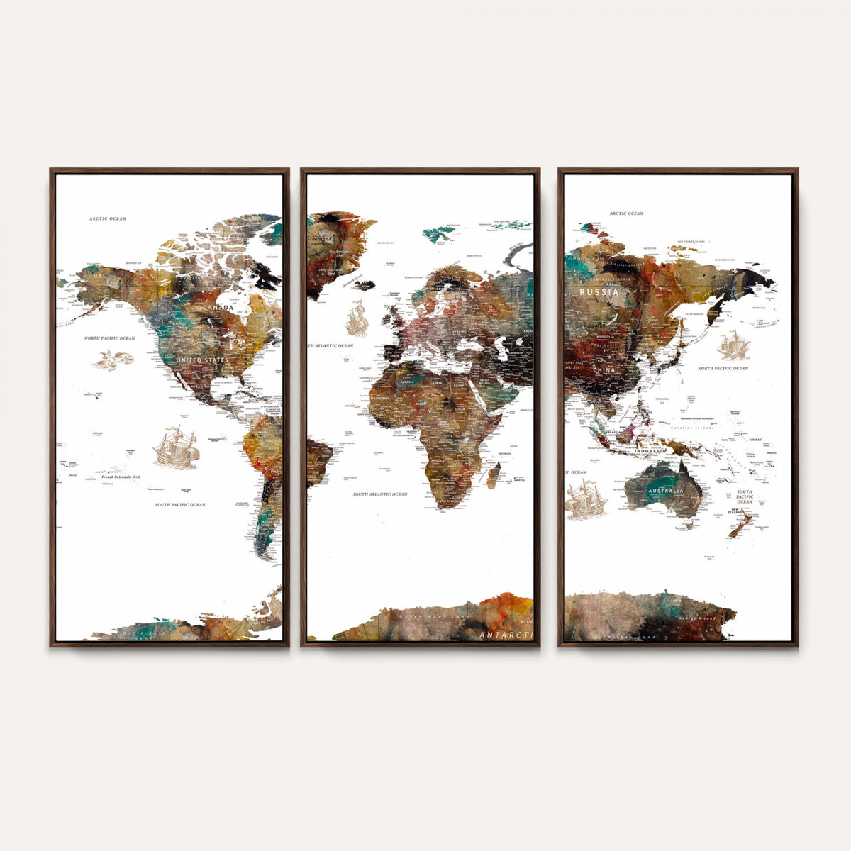 82293175-MGV-CV-36X24 - Watercolor World Map Canvas Print – Detailed Map of the