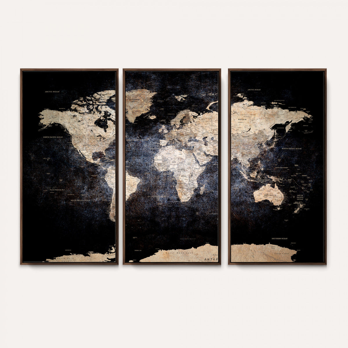 56713386-MGV-CV-36X24 - Grunge World Map Wall Art | 3-Panel Large Beige and Brown