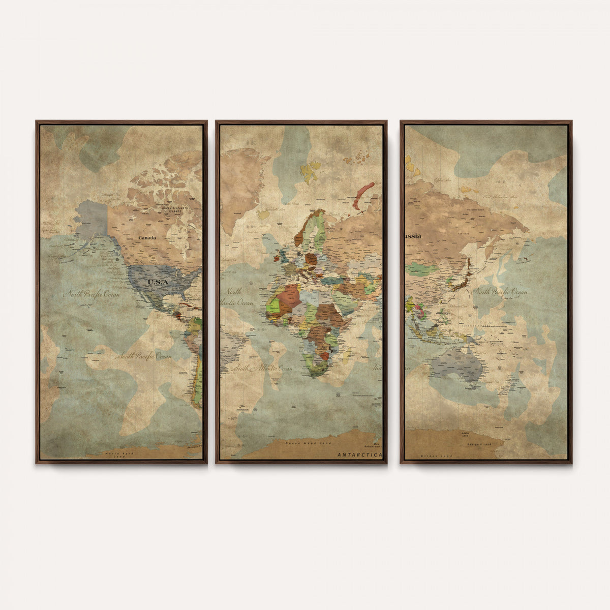 31492148-MGV-CV-36X24 - World Map Wall Art Canvas Print, Rustic Map Print, Framed