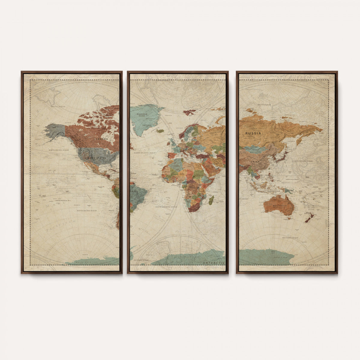 74172497-MGV-CV-36X24 - World Map Wall Art Canvas Print, Framed Rustic Atlas Art