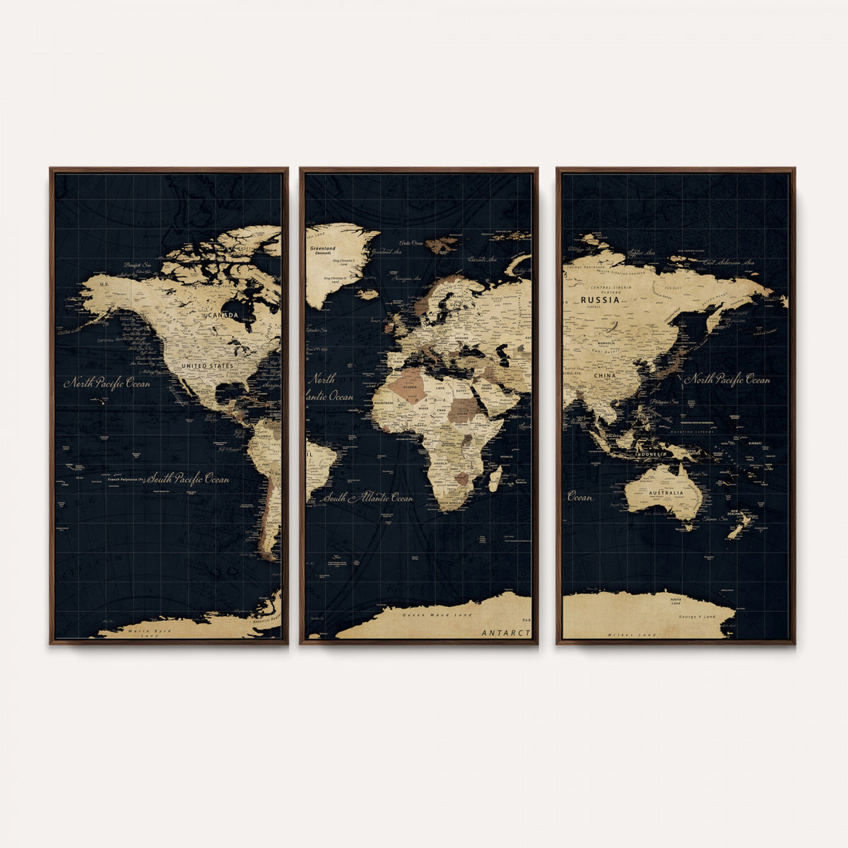 45063434-MGV-CV-36X24 - Dark World Map Canvas Wall Art Print, Minimal Black and Gold