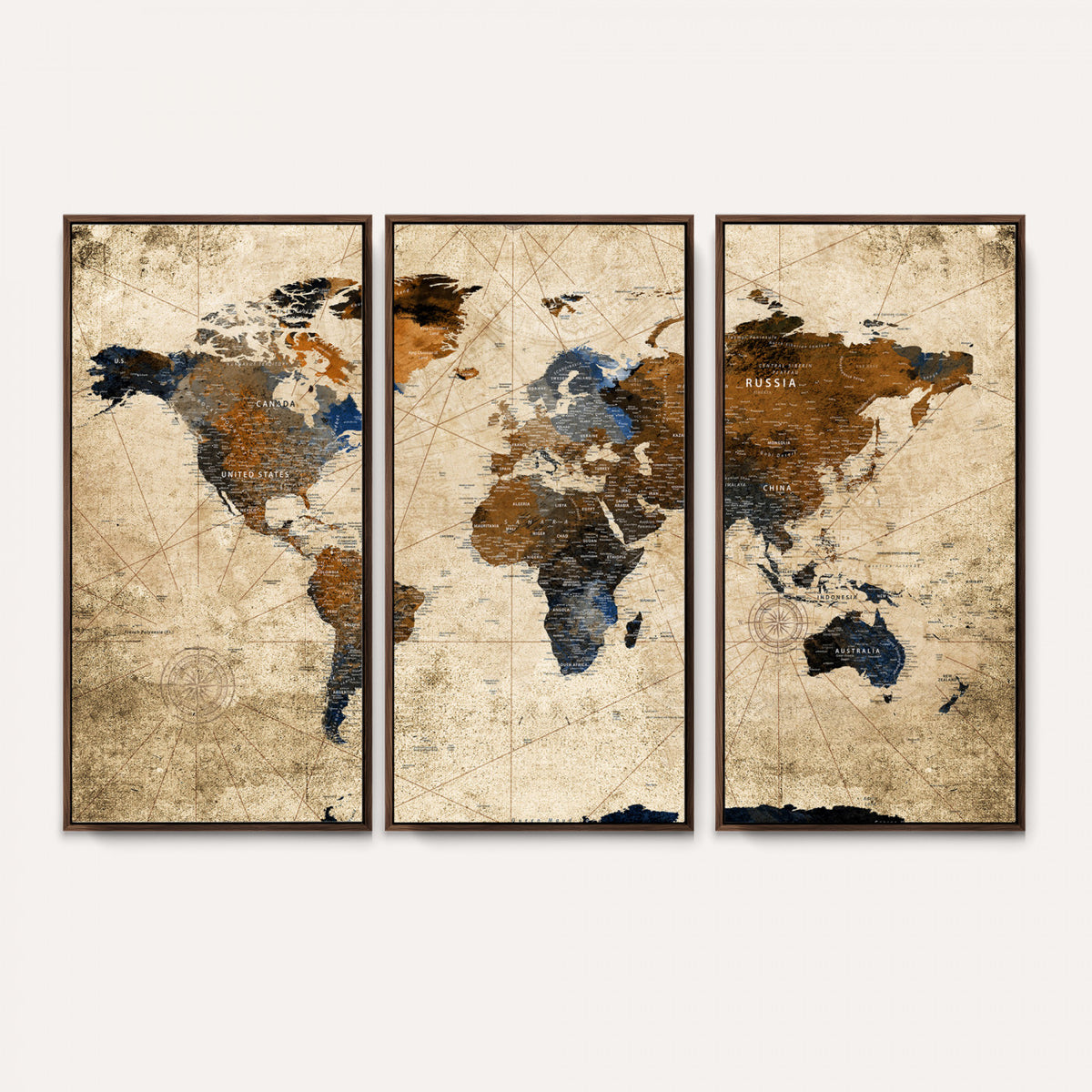 27163414-MGV-CV-36X24 - World Map Wall Art – Rustic Earth Tone Canvas Print, Antique