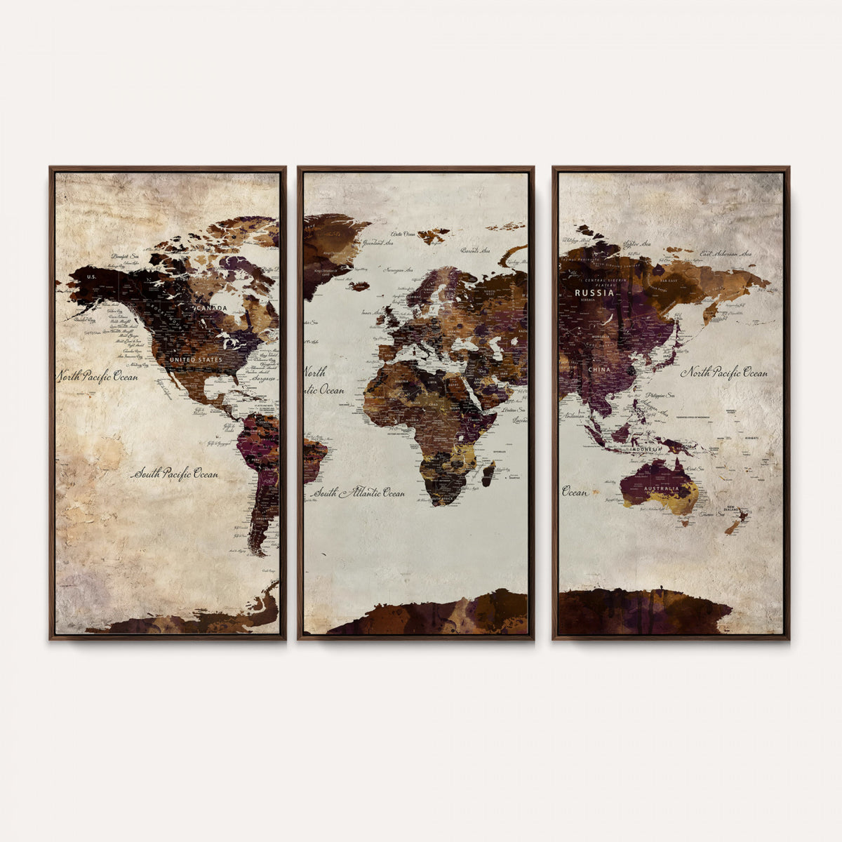 50611123-MGV-CV-36X24 - World Map Canvas Triptych – Colorful Global Wall Art for