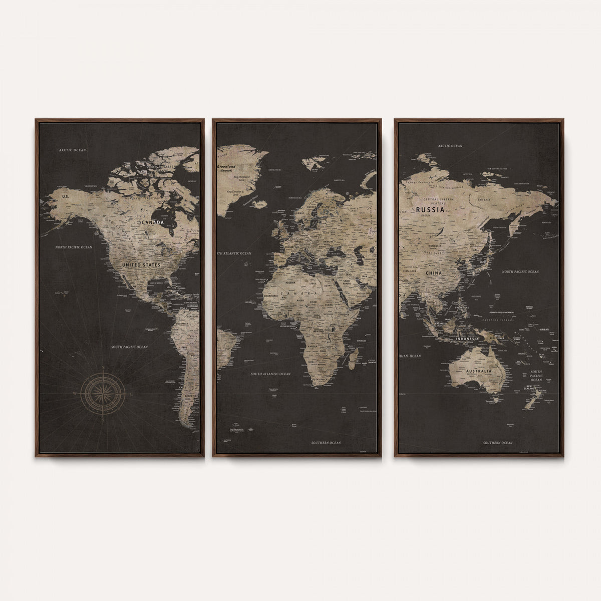 56556018136-MGV-CV-36X24 - World Map Canvas Wall Art Dark Charcoal Antique Tan Detailed