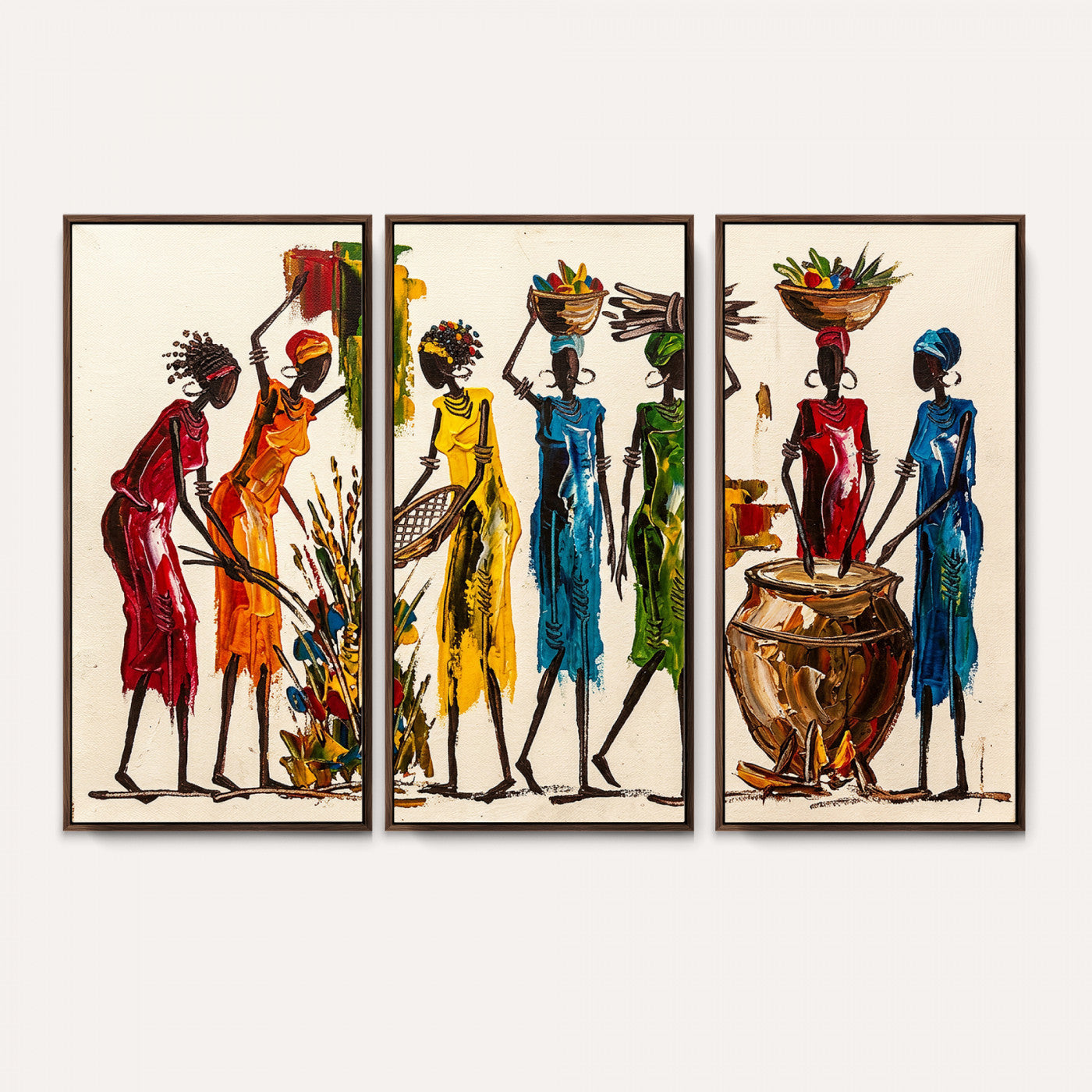 83463154-MGV-CV-36X24 - African Folk Art Canvas Wall Art, Colorful African Women Village Painting Print, Tribal Ethnic Home Decor, Vibrant African Art, Living Room