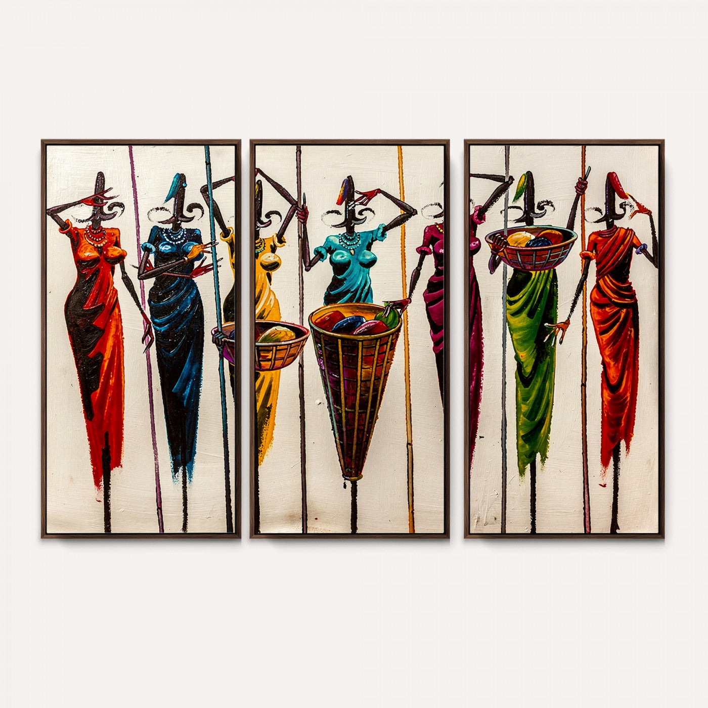 53545627-MGV-CV-36X24 - African Folk Art Canvas Wall Art, Colorful African Women Village Painting Print, Tribal Ethnic Home Decor, Vibrant African Art, Living Room