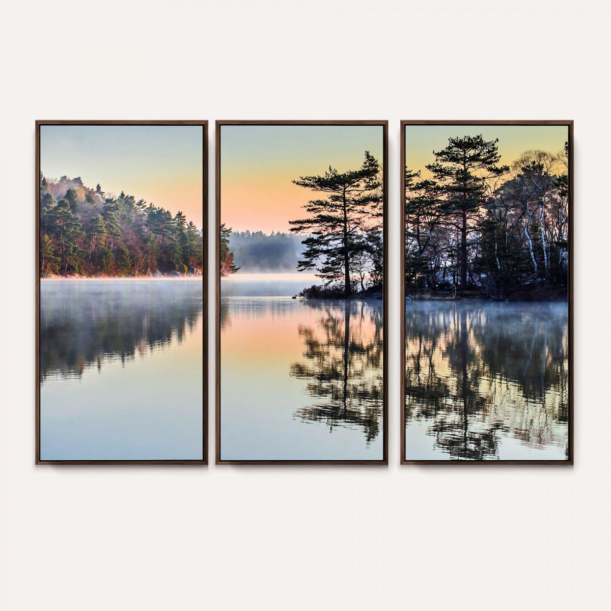 34236027-MGV-CV-36X24 - Before People Wake Canvas Wall Art Print, Misty Lake Sunrise Landscape, Forest Reflection Nature Decor, Ready to Hang