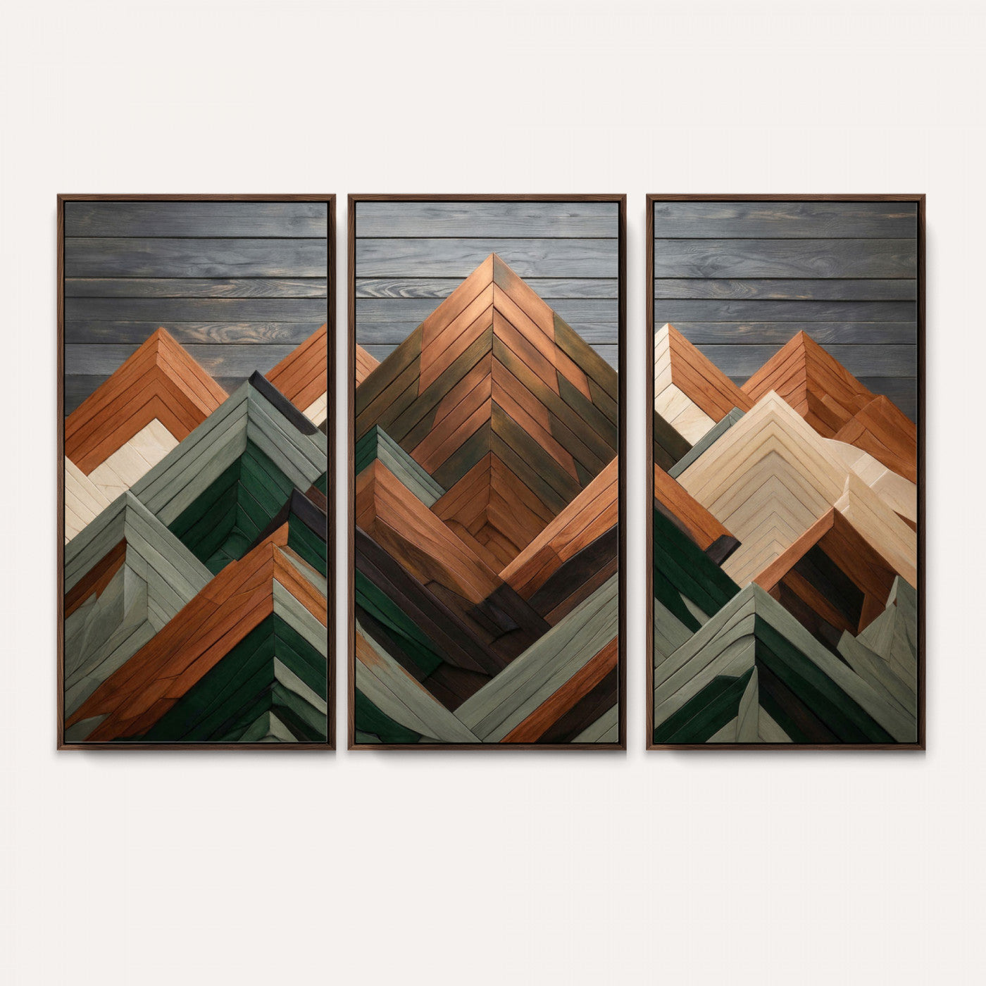 84617347-MGV-CV-36X24 - Geometric Wood Mountain Wall Art Canvas Print, 3D Look Rustic Mosaic Landscape Print