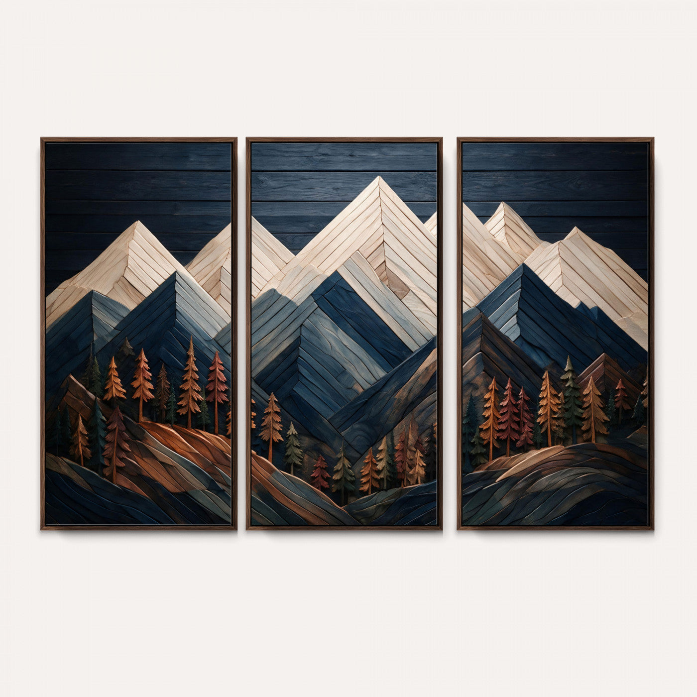 87765072-MGV-CV-36X24 - Geometric Wood Mountain Wall Art Canvas Print, 3D Look Rustic Mosaic Landscape Print