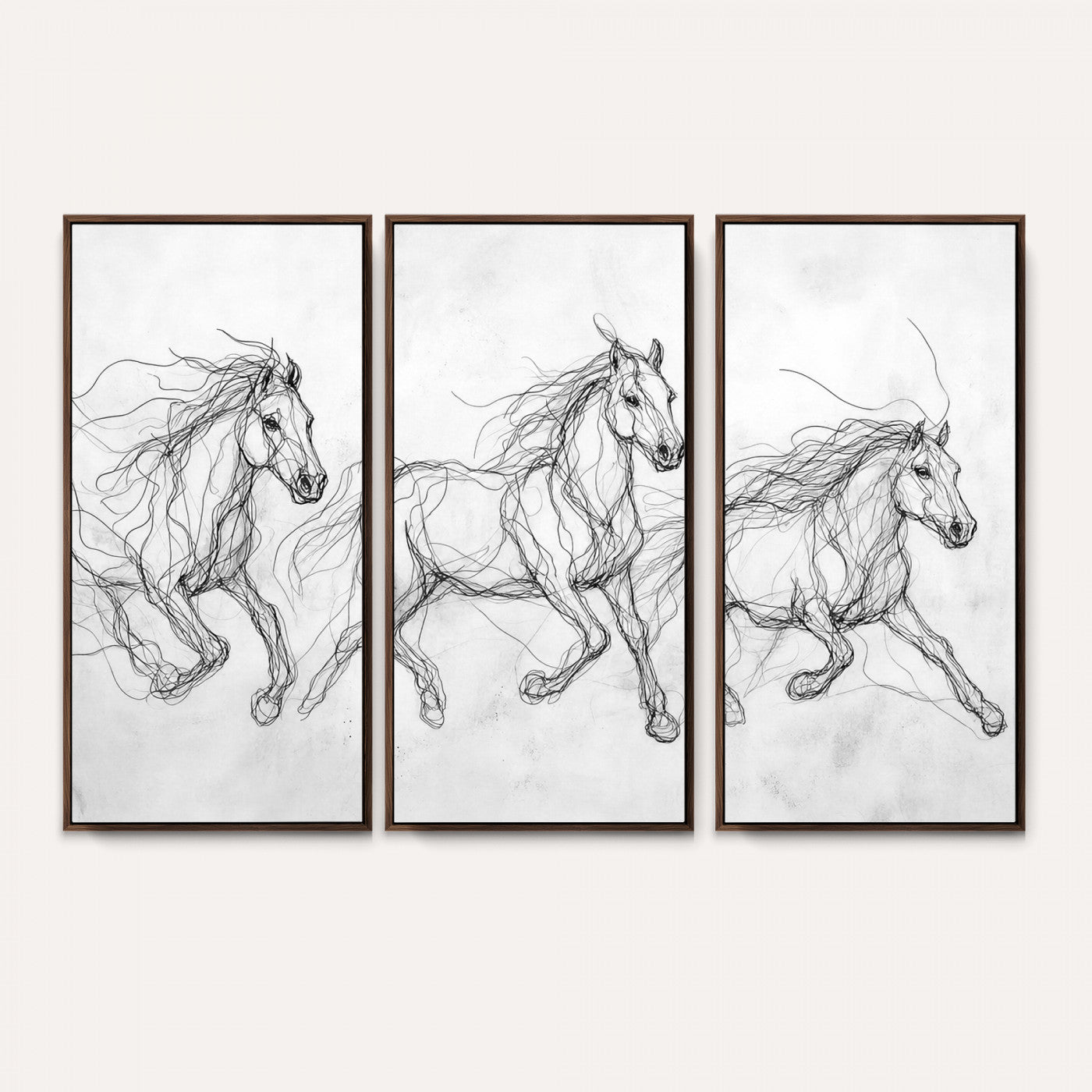 53600119-MGV-CV-36X24 - Monochrome Horse Canvas Wall Art, Black Ink Sketch Wild Horses Print, Minimalist Equestrian Artwork, Modern Abstract Line Decor, Urban Loft Gift