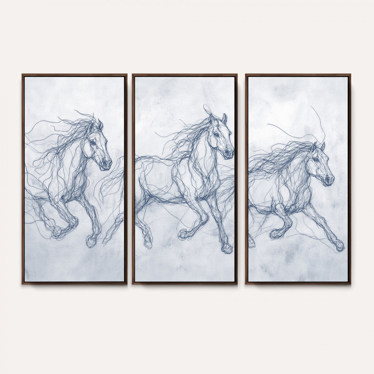 41163601-MGV-CV-36X24 - Indigo Blue Horse Line Art Canvas, Steel Grey Wild Horses Print, Abstract Navy Scribble Artwork, Modern Slate Equine Wall Decor, Coastal Ranch Gift