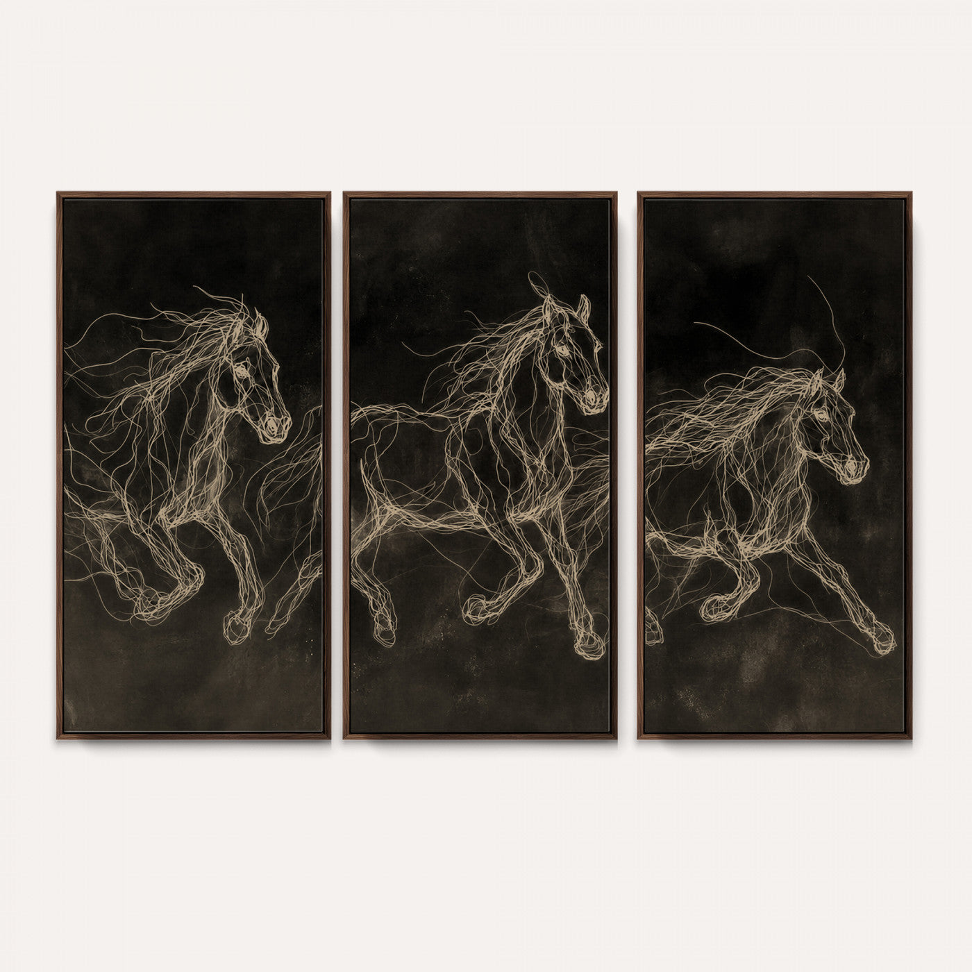 15344242-MGV-CV-36X24 - Dark Horse Line Art Canvas, Gold Scribble Wild Horses Print, Black Chalkboard Wall Art, Modern Luxury Equine Decor, Masculine Office Gift