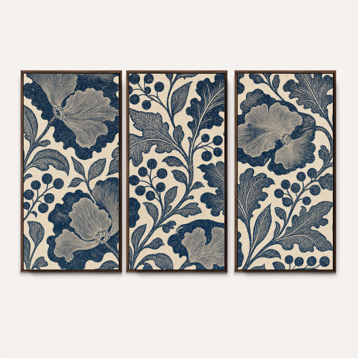 23824002-MGV-CV-36X24 - William Morris Style Navy Blue Floral Wall Art Canvas Print, Vintage Cream Botanical Painting Print