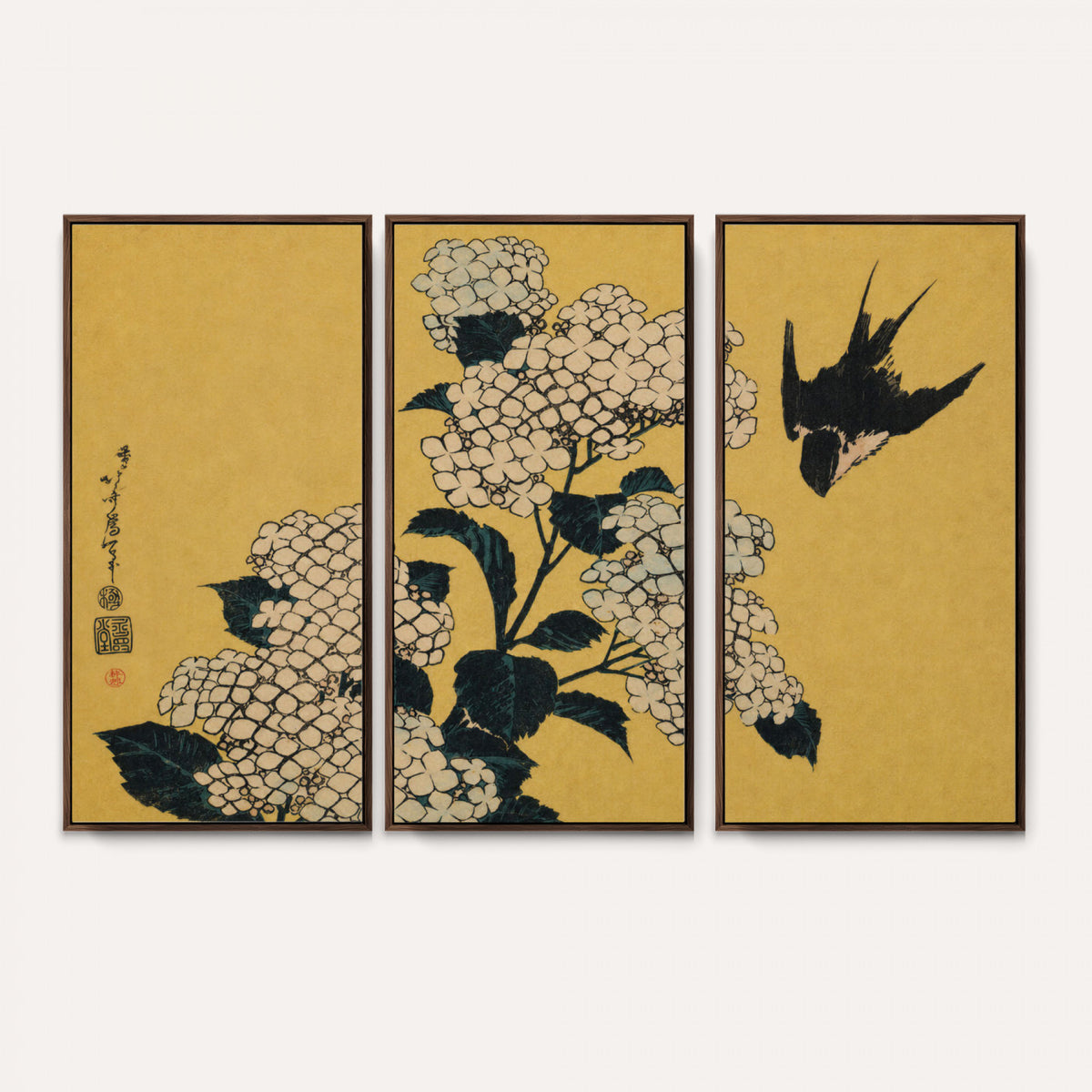 92483501-MGV-CV-36X24 - Katsushika Hokusai Hydrangea and Swallow Wall Art Canvas Print, Japanese Woodblock Painting Print