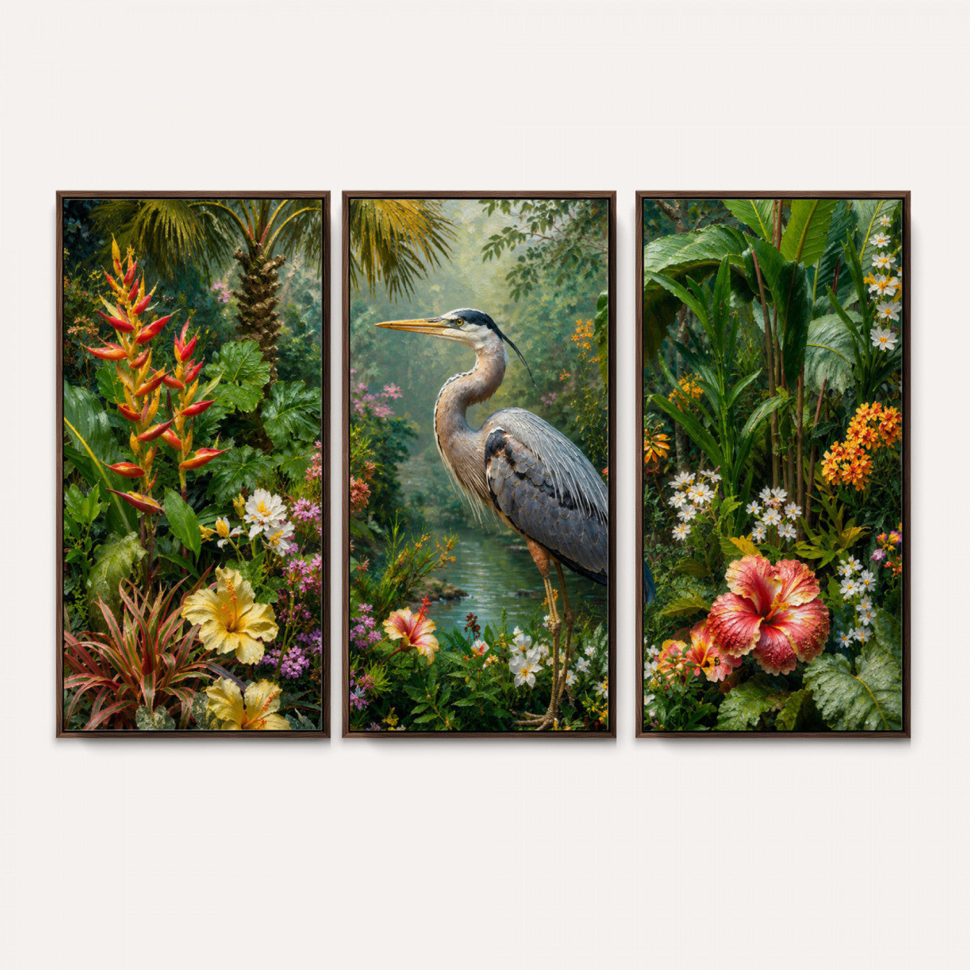 81059387-MGV-CV-36X24 - Great Blue Heron Tropical Jungle Wall Art Canvas Print, Exotic Botanical Garden Painting Print