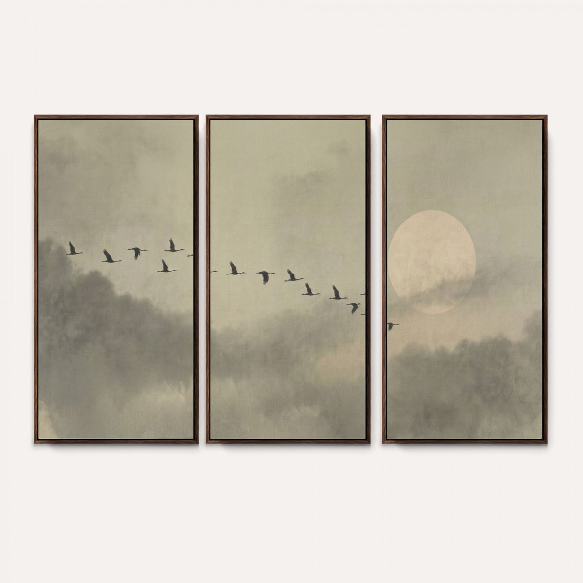 1209814B-MGV-CV-36X24 - Flying Cranes Canvas Wall Art, Misty Landscape with Moon, Sage Green Japandi Decor, Framed Print