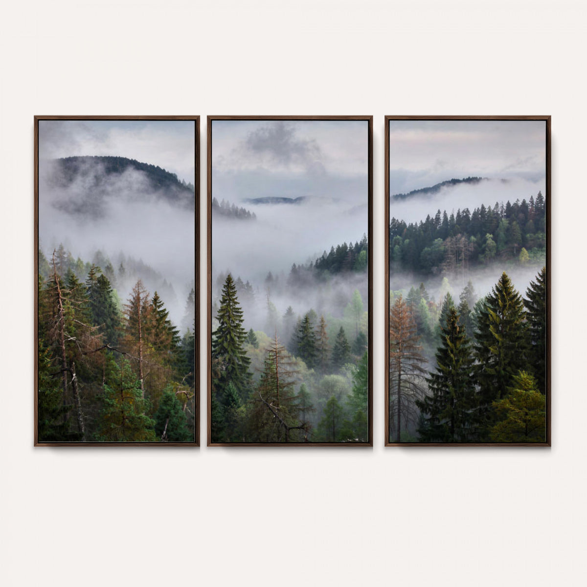 18735847-_Poster-30x20 - Foggy Pine Forest Mountain Canvas Print 3 Piece Framed Wall Art Extra Large Floating Frame Nature Poster Made in USA