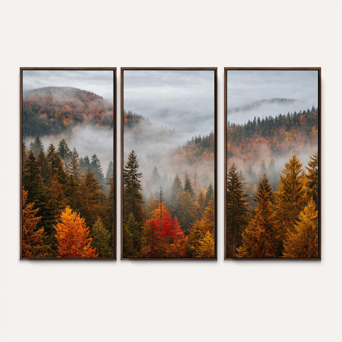 87481341-_Poster-30x20 - Foggy Autumn Mountain Canvas Print Smoky Pine Forest Wall Art Panoramic Nature Poster 3 Piece Made in USA