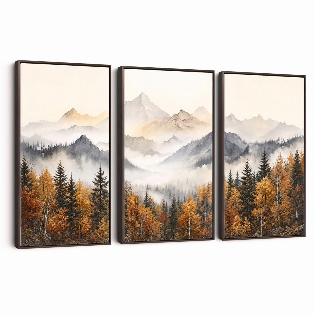 Misty Mountain Autumn Forest Canvas Wall Art - Watercolor Fall Nature Landscape Print