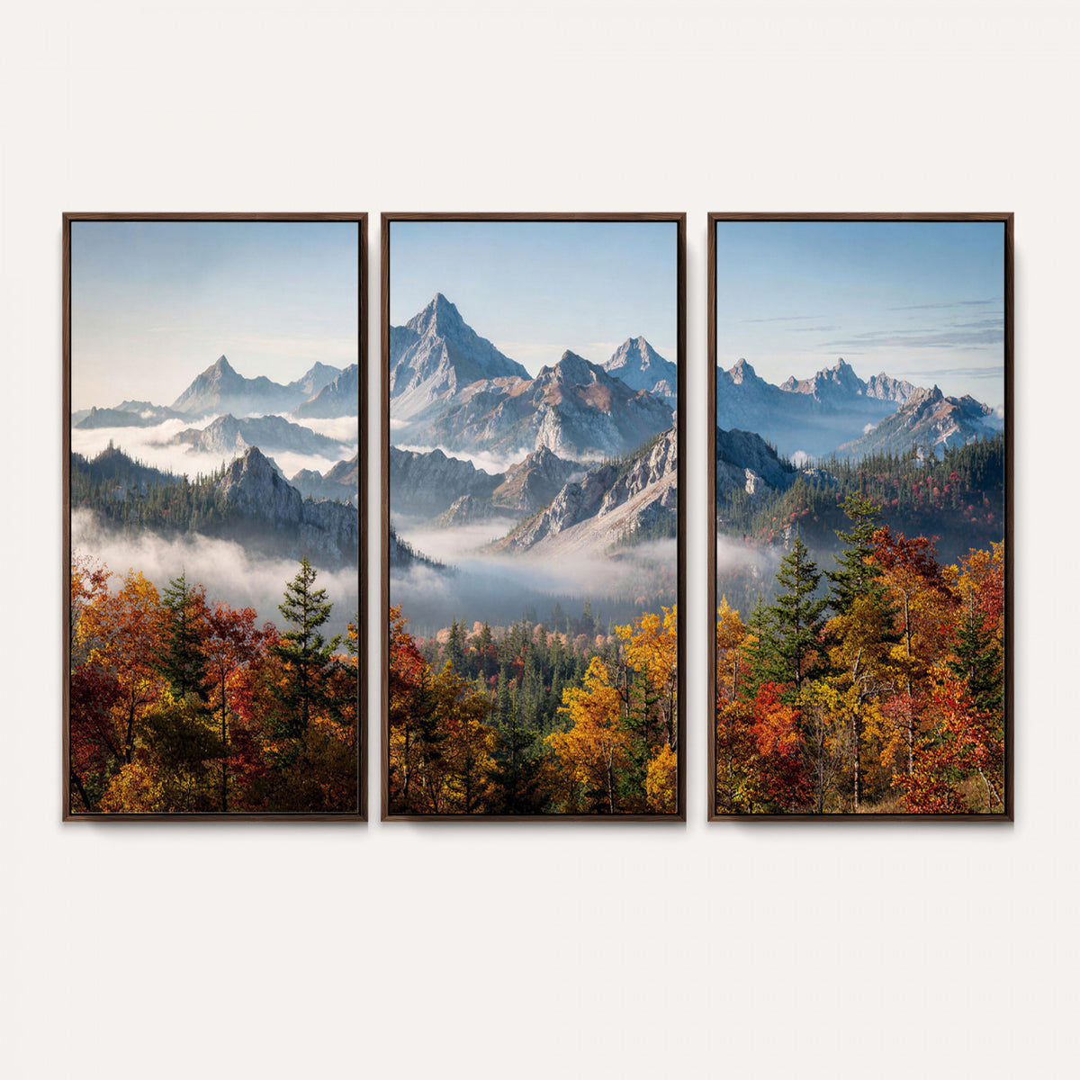 38847944-MGV-TP-30X20 - Majestic Mountain Peak Canvas Wall Art - Panoramic Autumn Forest Fog Landscape Print