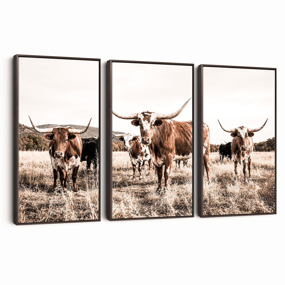 25234808-MGV-CV-48X32-3P - Texas Longhorn Cattle Canvas Wall Art, Western Ranch Home Decor