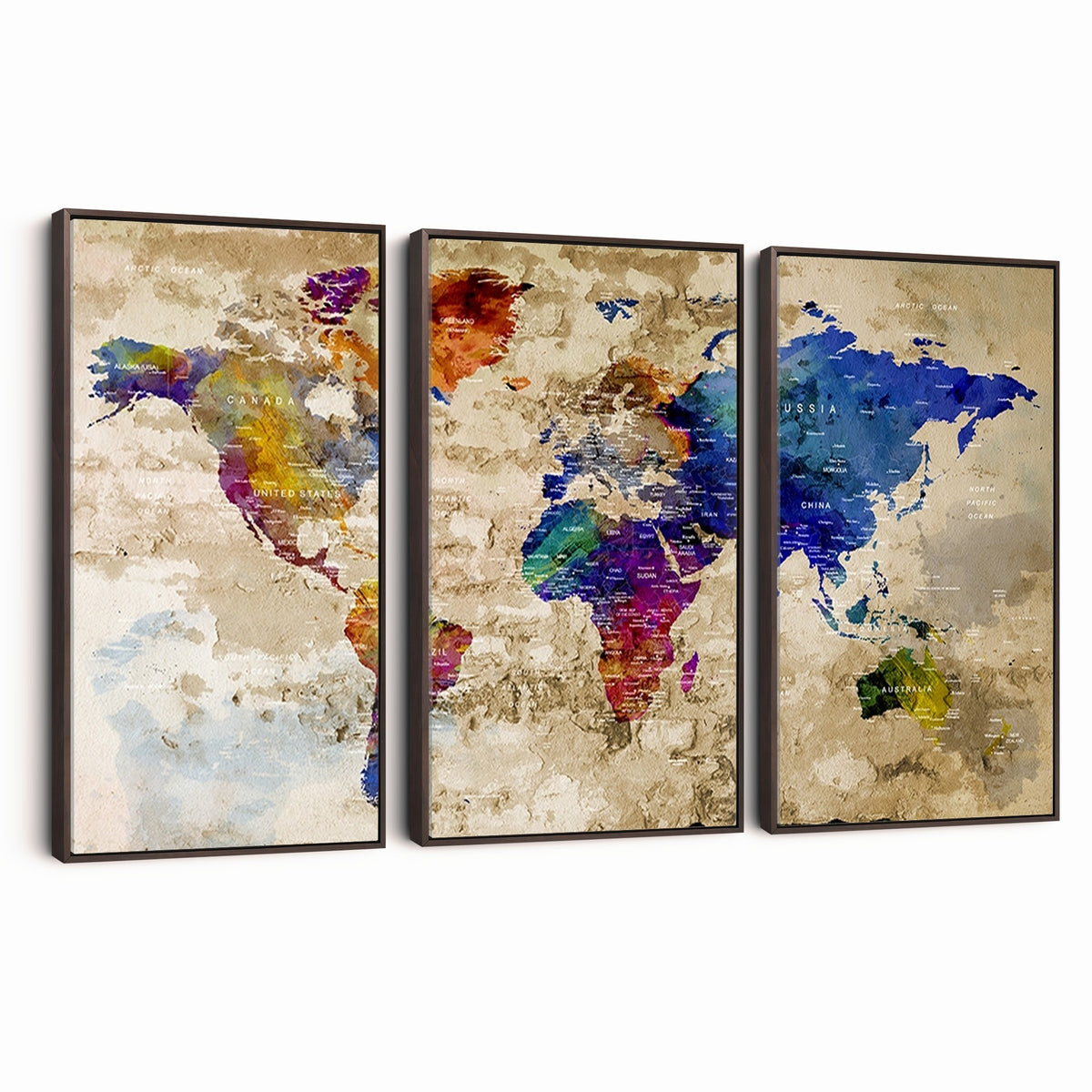 Colorful World Map Canvas Wall Art | Abstract Watercolor Map Print