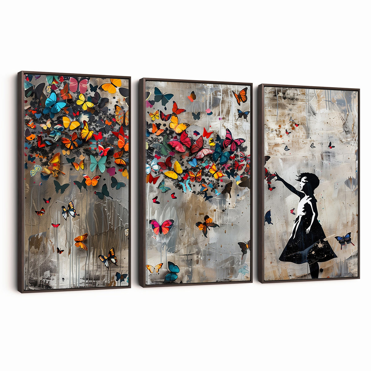 Banksy Wall Art, Banksy Girl and Butterfly Explosion Canvas Print | Extra Large 3 Piece Best Seller Wall Art