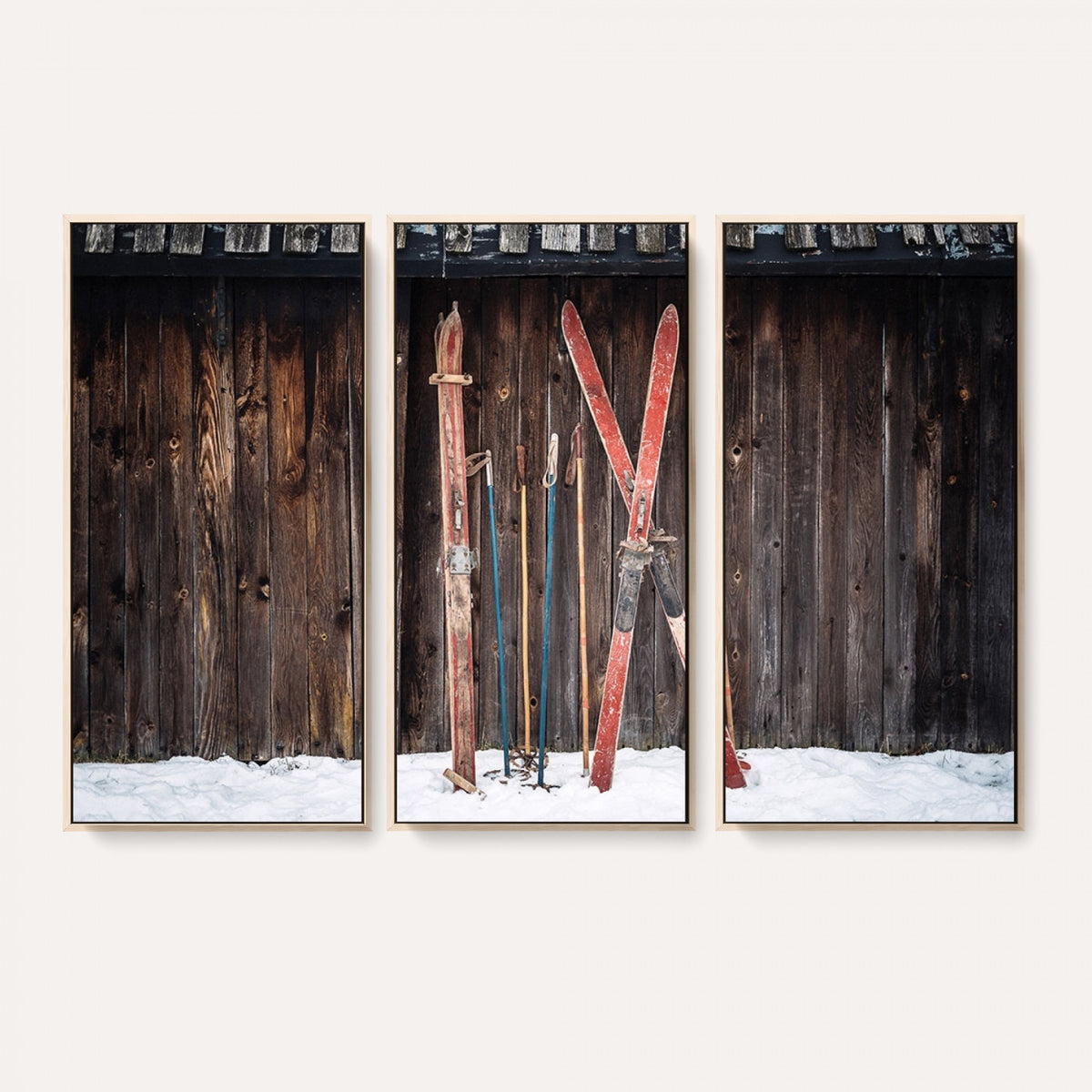 78590-MGV-CV-36X24 - Vintage Ski Gear Canvas Print, Vintage Ski Gear Against Wooden Cabin Wall
