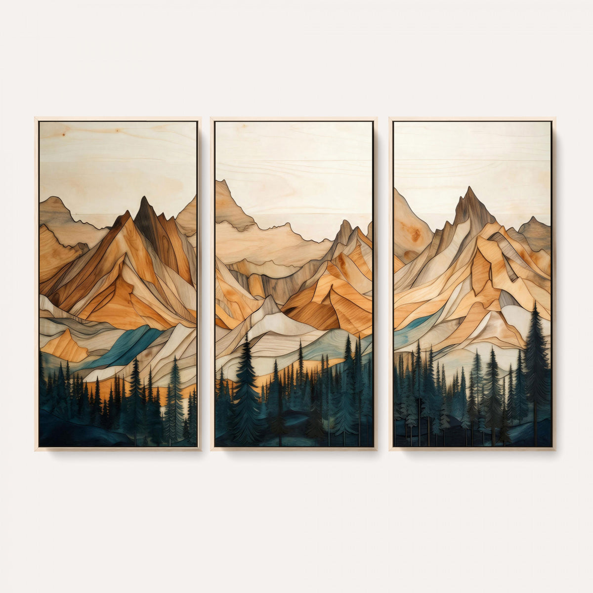 31576-PAN-FL-20X10 - Rustic Wood Mountain Wall Art Print | Triptych Giclee Print Featuring Handcrafted Forest and