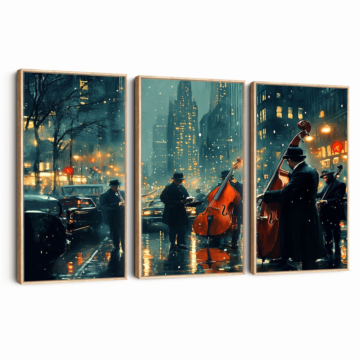 53391-MGV-CV-24X16 - Urban Night Jazz Wall Art Canvas Print | Moody Rain Soaked City Street Band Scene