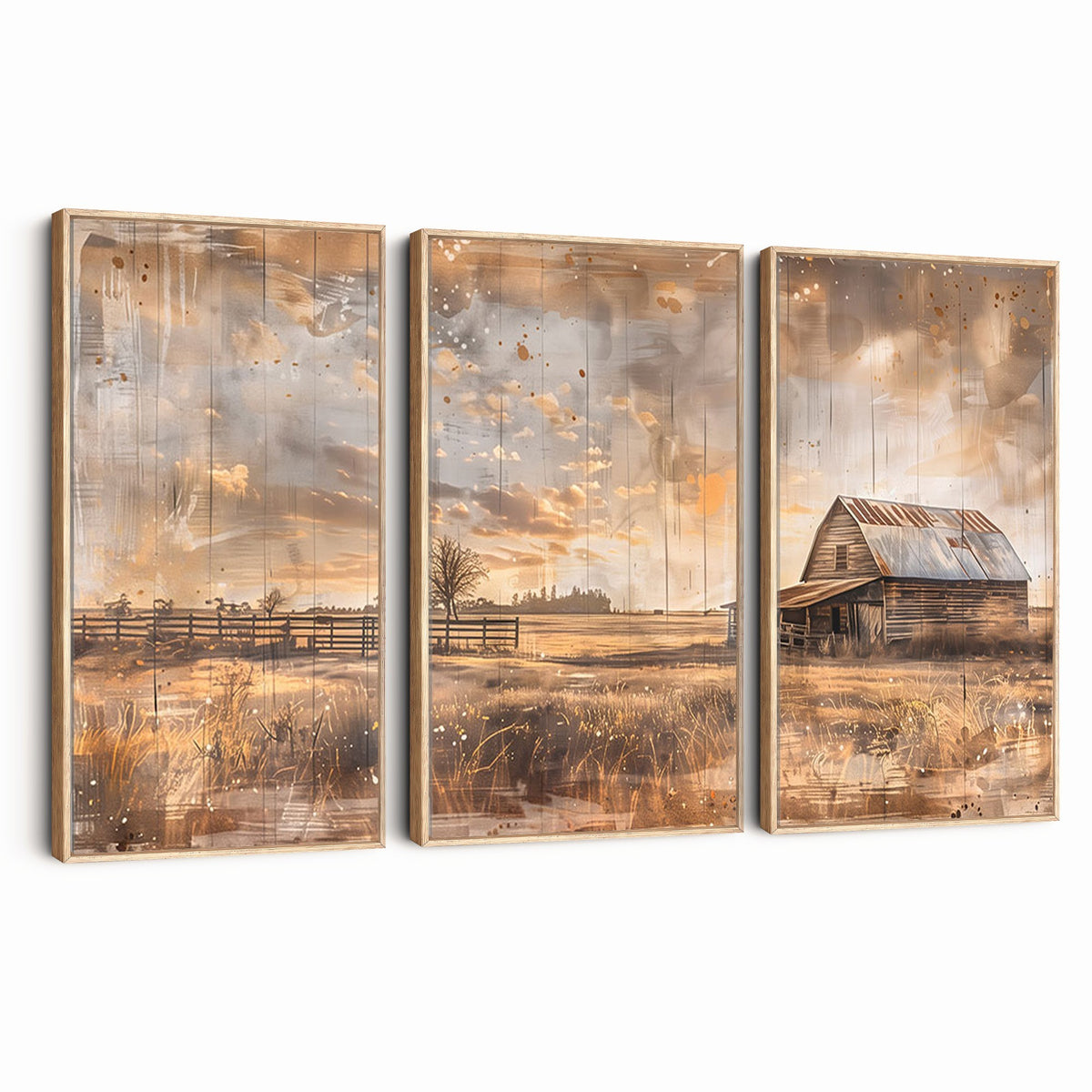 FARM2-MGV-CV-24X16 - Rustic Farmhouse Wall Art Canvas Print | Barn and Field Vintage Country Landscape