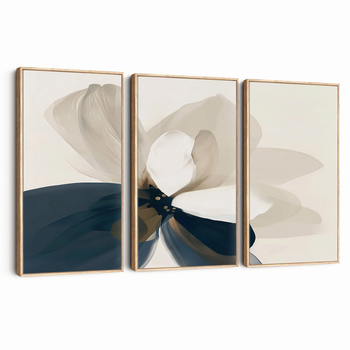42188901-MGV-CV-24X16 - Minimal Flower Wall Art Canvas Print | Framed Beige and Navy Bloom