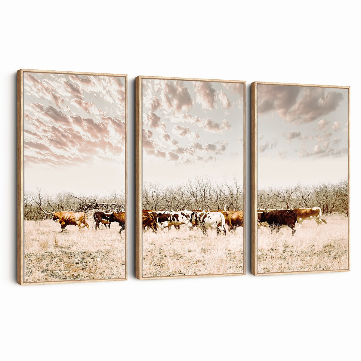 64892775-MGV-CV-24X16 - Longhorn Cattle Wall Art Canvas Print, Framed Texas Ranch Art, Western Cow Print, Prairie Landscape Decor