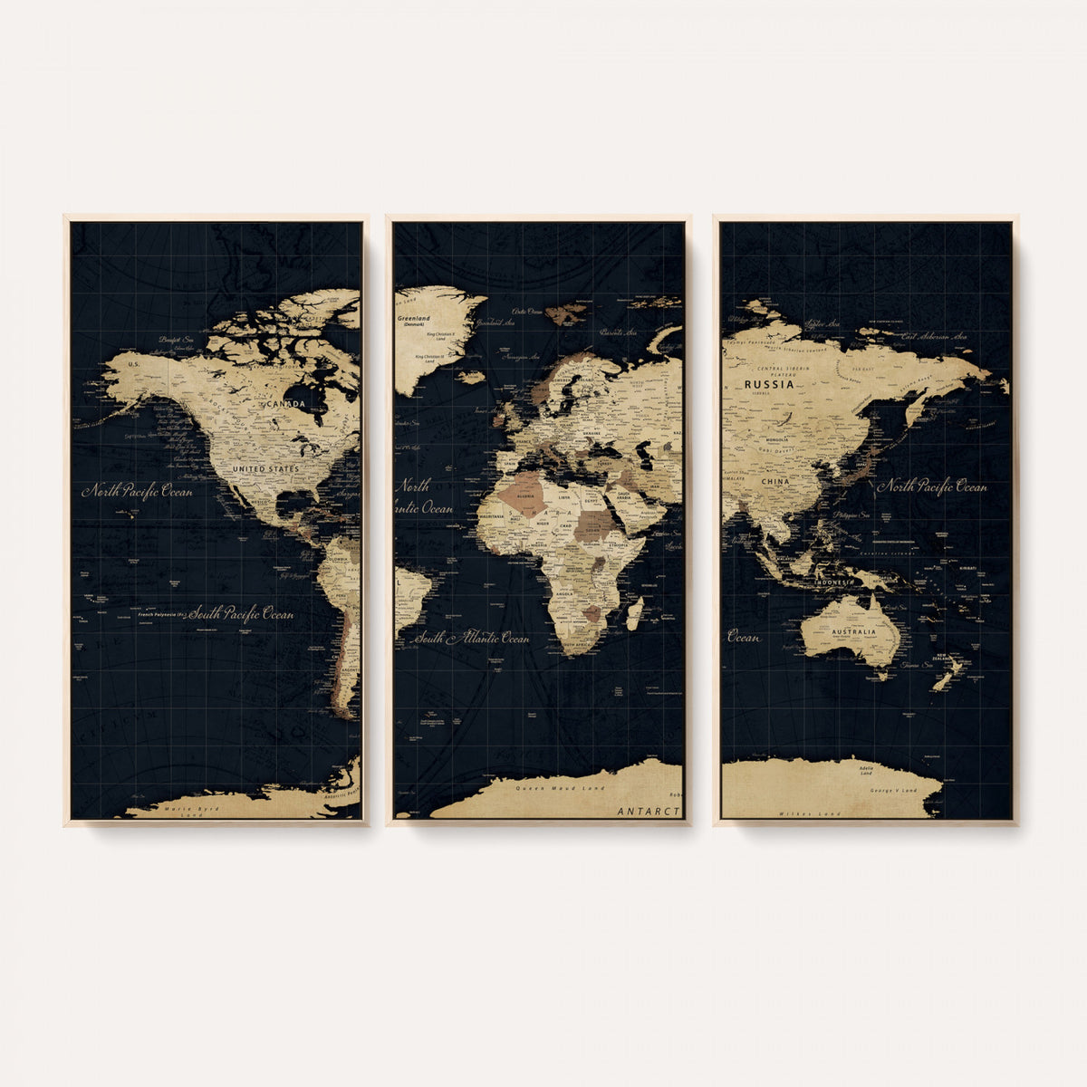 45063434-MGV-CV-36X24 - Dark World Map Canvas Wall Art Print, Minimal Black and Gold Map
