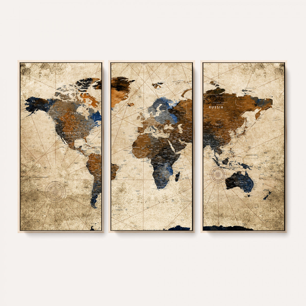 27163414-MGV-CV-36X24 - World Map Wall Art – Rustic Earth Tone Canvas Print, Antique