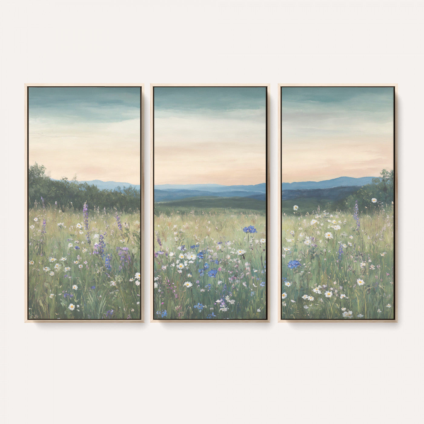 35773805-MGV-CV-36X24 - Wildflower Meadow Oil Painting Canvas Print - Daisy Lavender Mountain Sunset Print | Cottagecore Floral Wall Art - Bedroom Decor Gift for Her