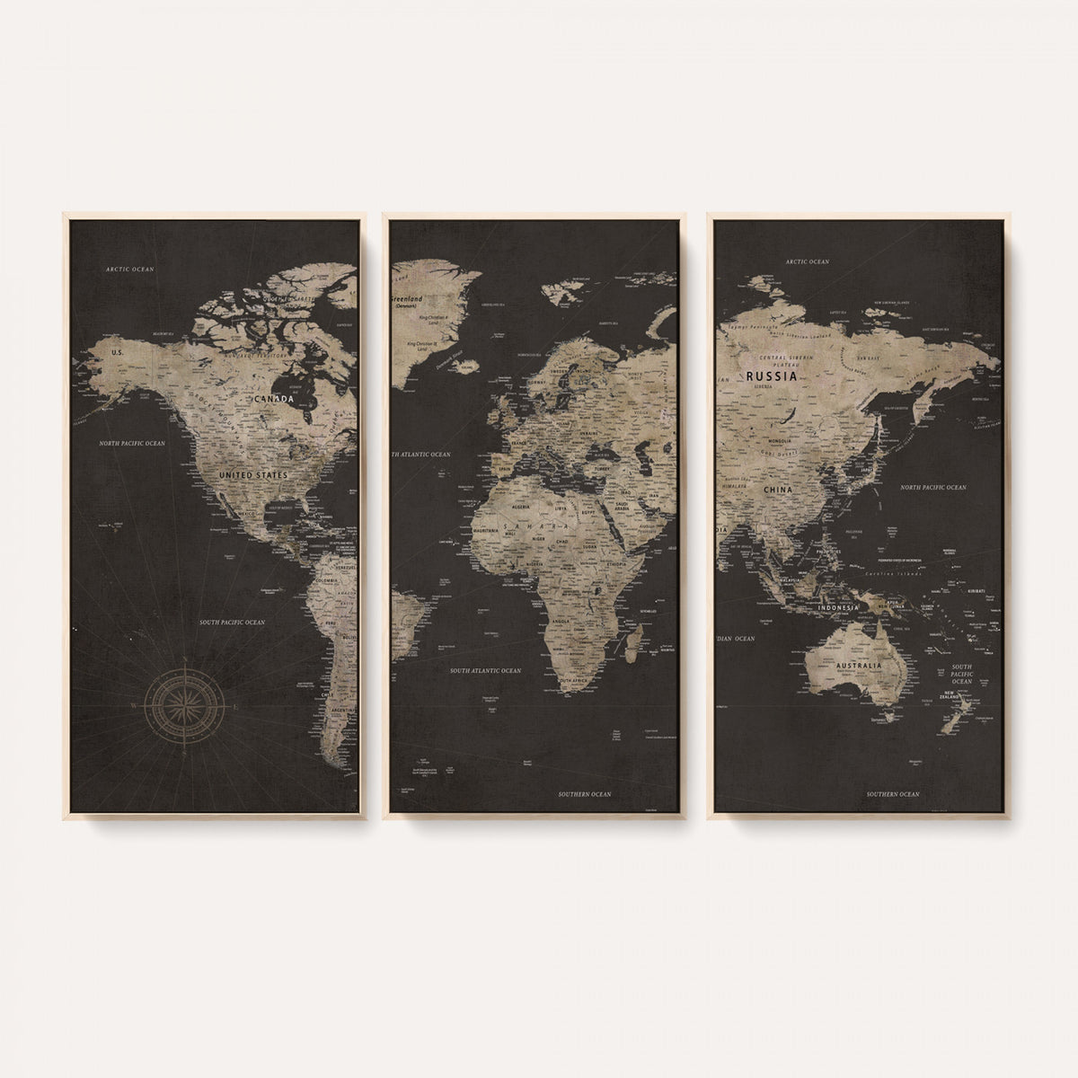56556018136-MGV-CV-36X24 - World Map Canvas Wall Art Dark Charcoal Antique Tan Detailed